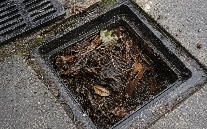 Drain filled with debris needing Great Yarmouth drainage to clear.