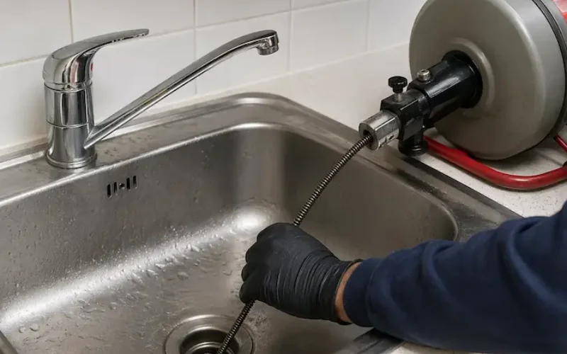 Blocked kitchen sink being cleared with drain unblocking equipment in Great Yarmouth