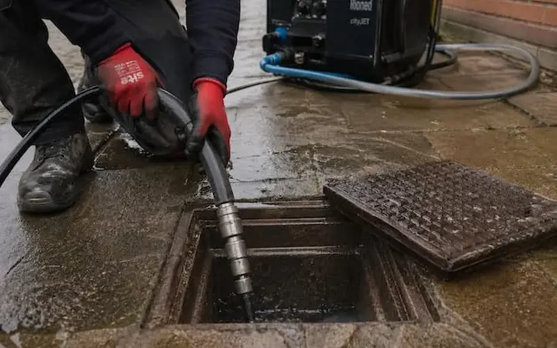 Clearing blocked outdoor drain with jetting hose inserted into drain, Great Yarmouth property
