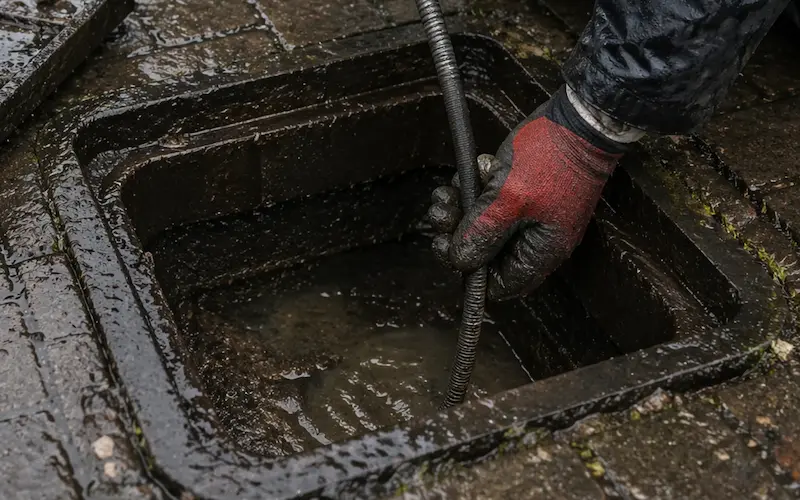 Close-up of drainage worker using rods to clear a blocked underground drain outside a residential property