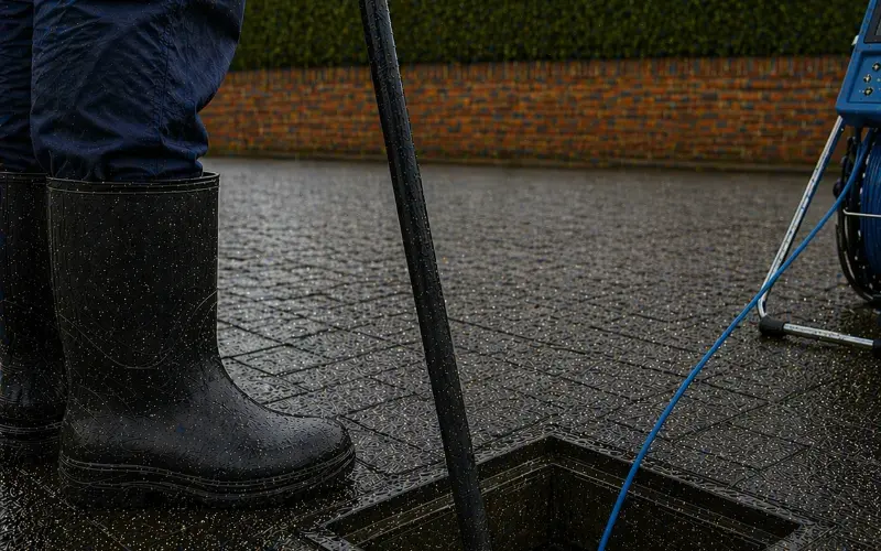 Outdoor drain being inspected with CCTV cable, checking blockage in Great Yarmouth property